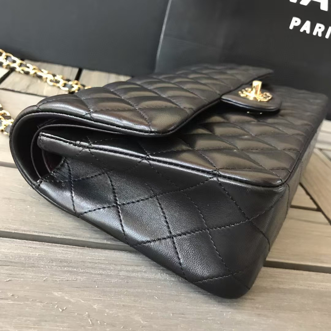 Ch*el small classic handbag gold metal black 14.5×23×6cm