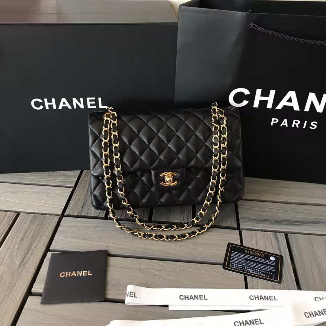 Ch*el small classic handbag gold metal black 14.5×23×6cm