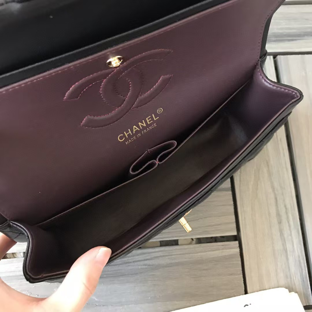 Ch*el small classic handbag gold metal black 14.5×23×6cm
