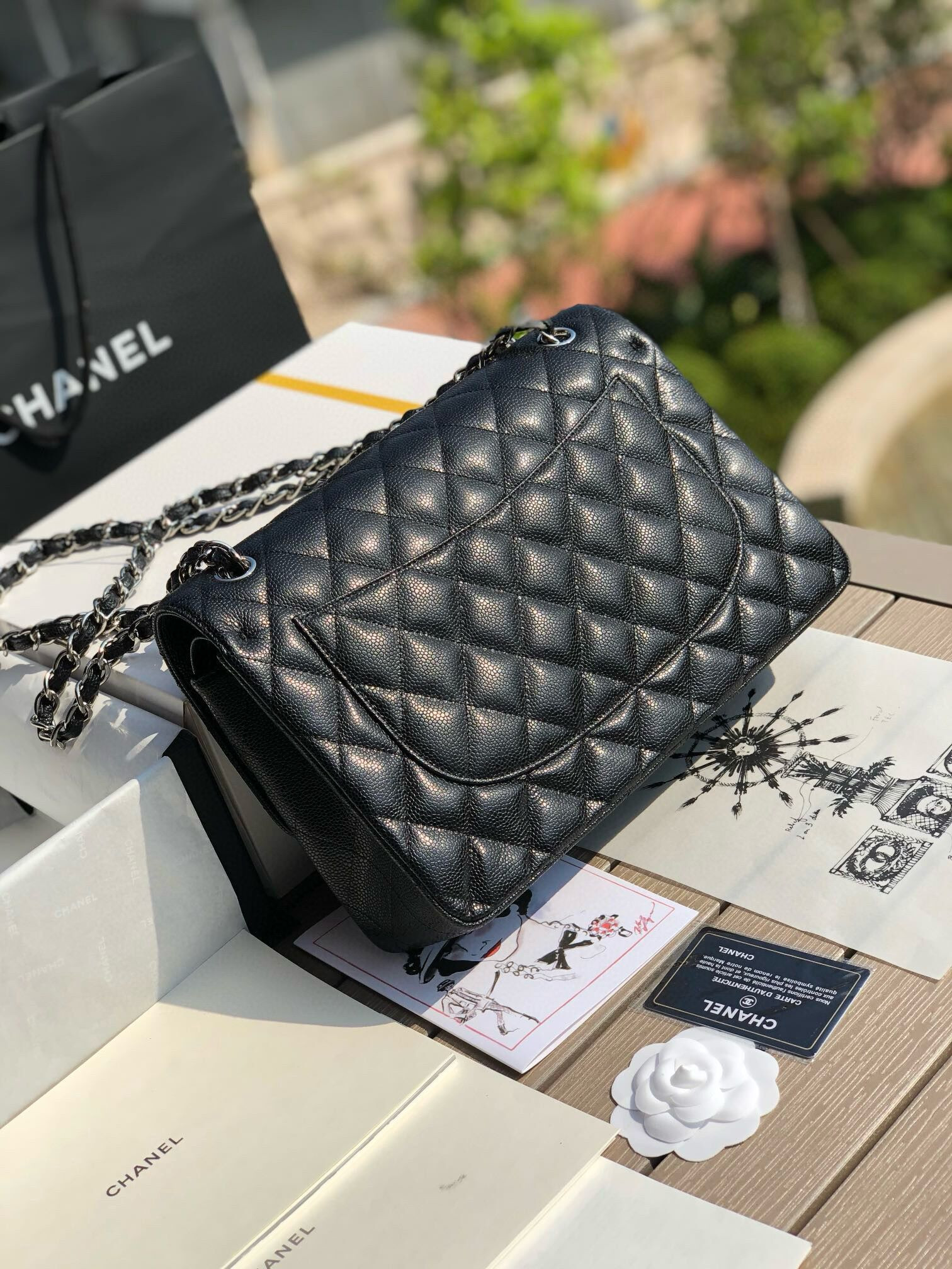 Ch*el classic flap jumbo 30cm cf black silver 7.6 × 11.7 × 3.9 in