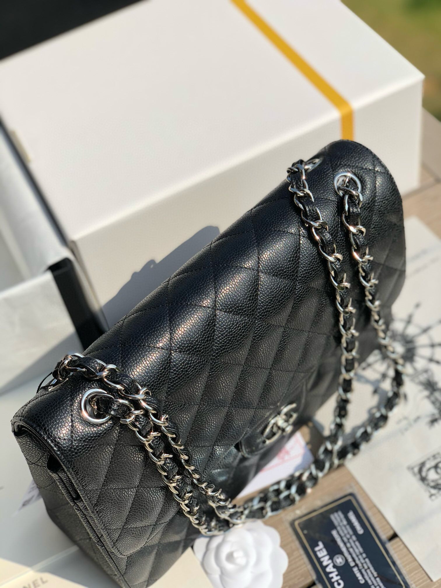 Ch*el classic flap jumbo 30cm cf black silver 7.6 × 11.7 × 3.9 in