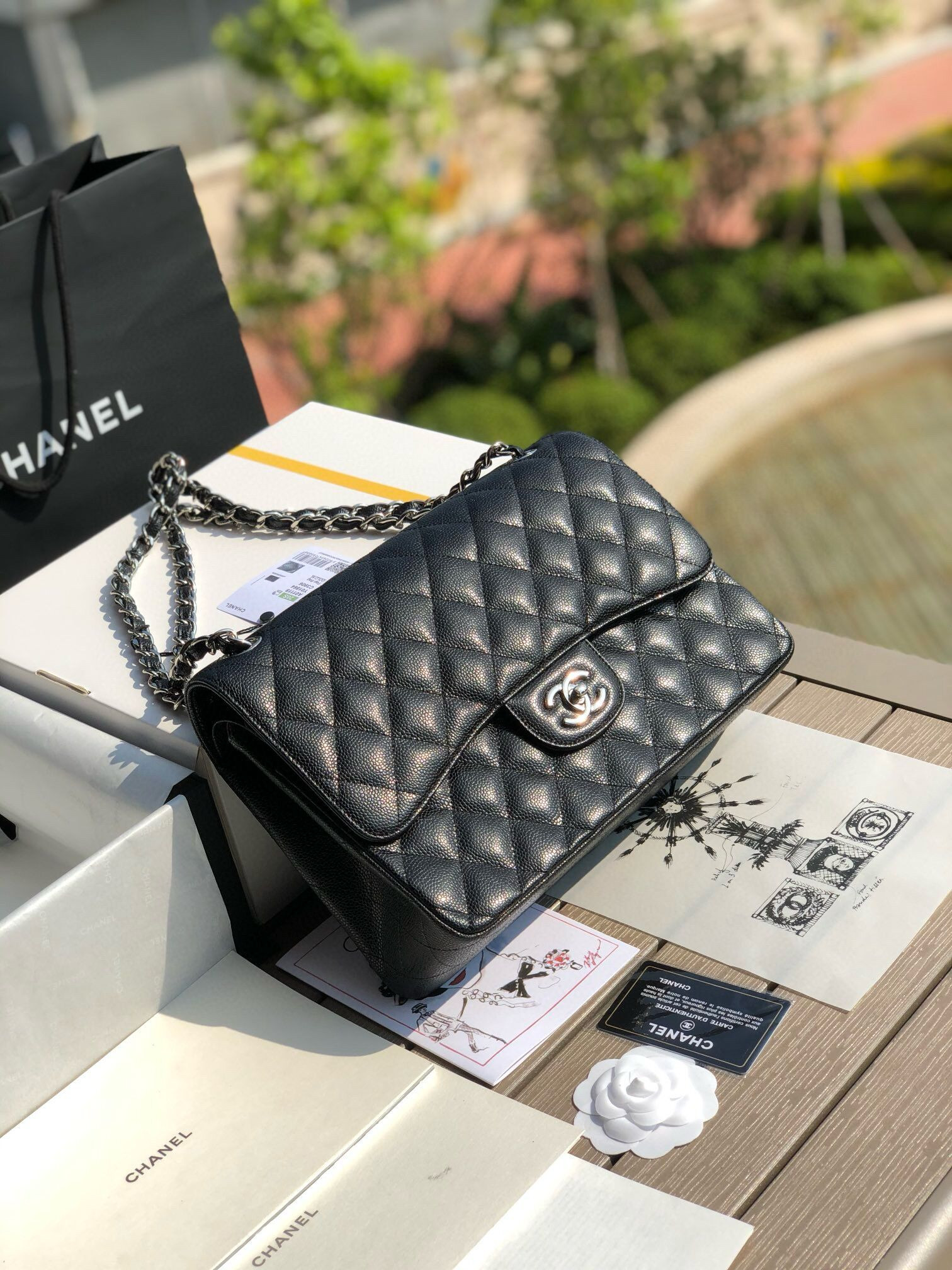 Ch*el classic flap jumbo 30cm cf black silver 7.6 × 11.7 × 3.9 in