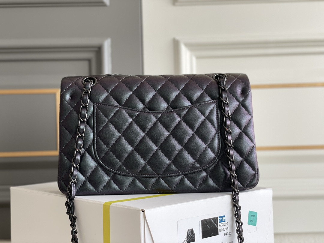 Ch*el crumpled calfskin quited double flap black 19.5×30×10cm
