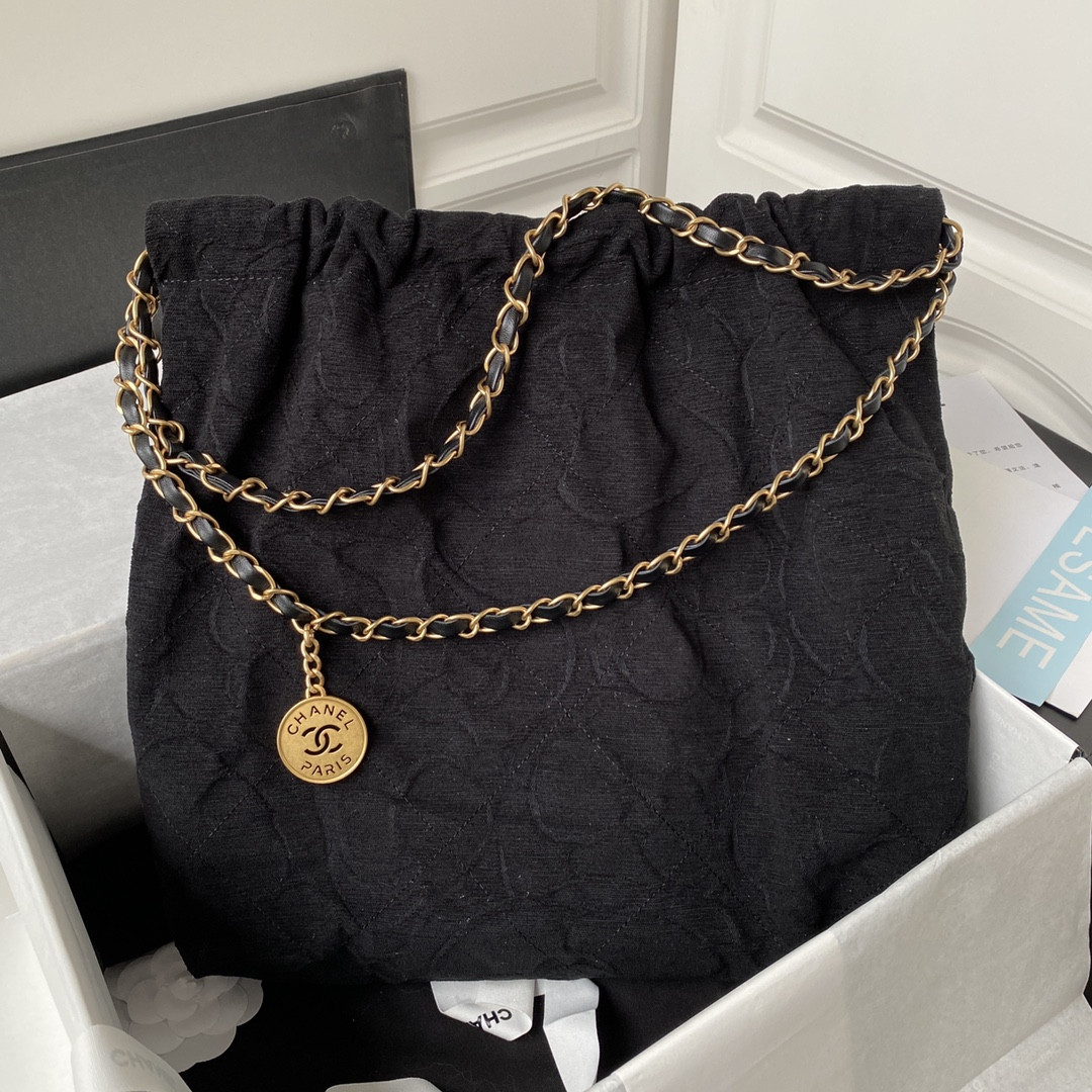 Ch*el 22 handbag velvet black 15.2×16.4×3.1 in