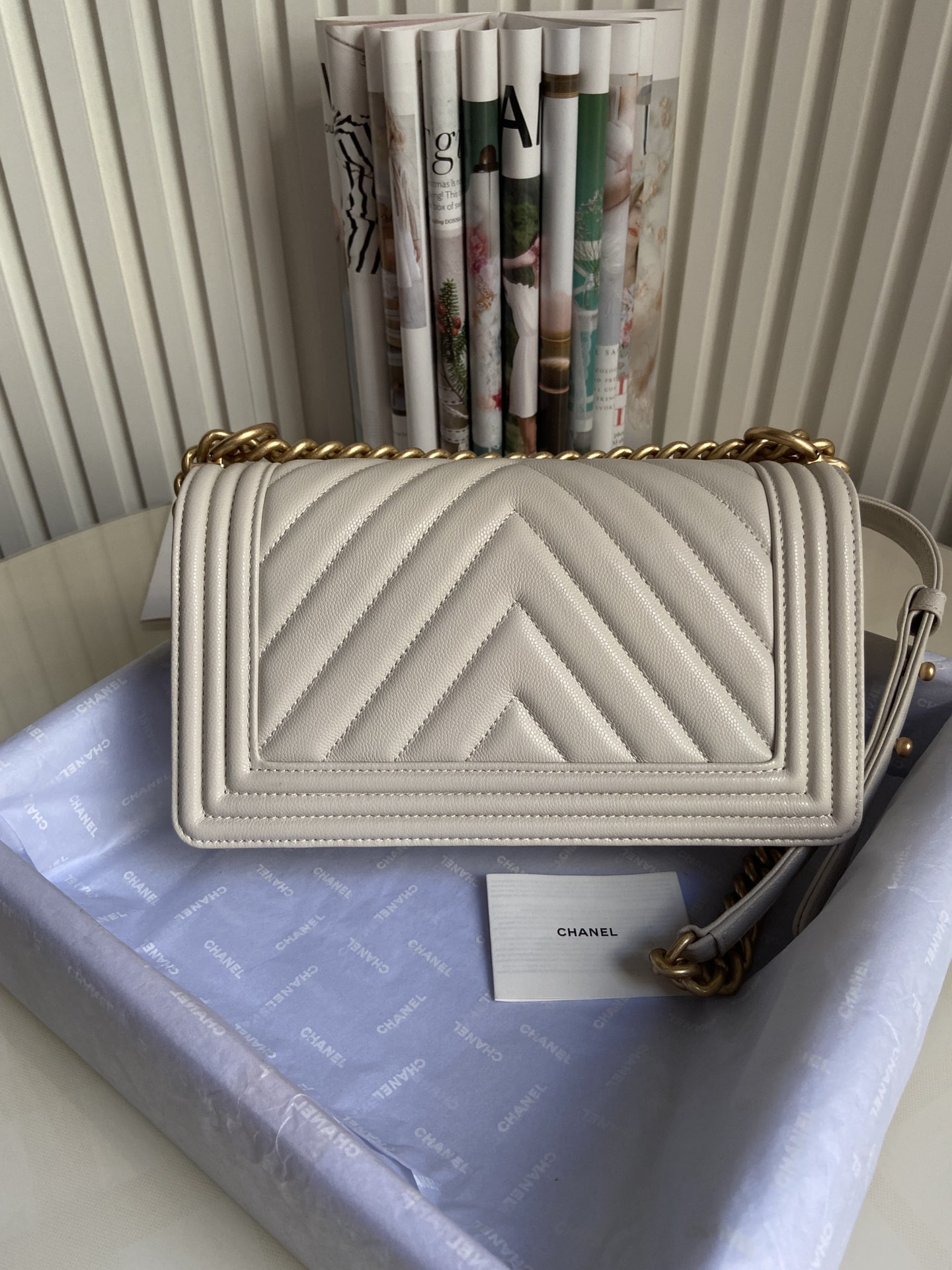 boy Ch*el handbag shiny grained calfskin & gold-tone metal beige 5.9 × 9.8 × 3.5 in
