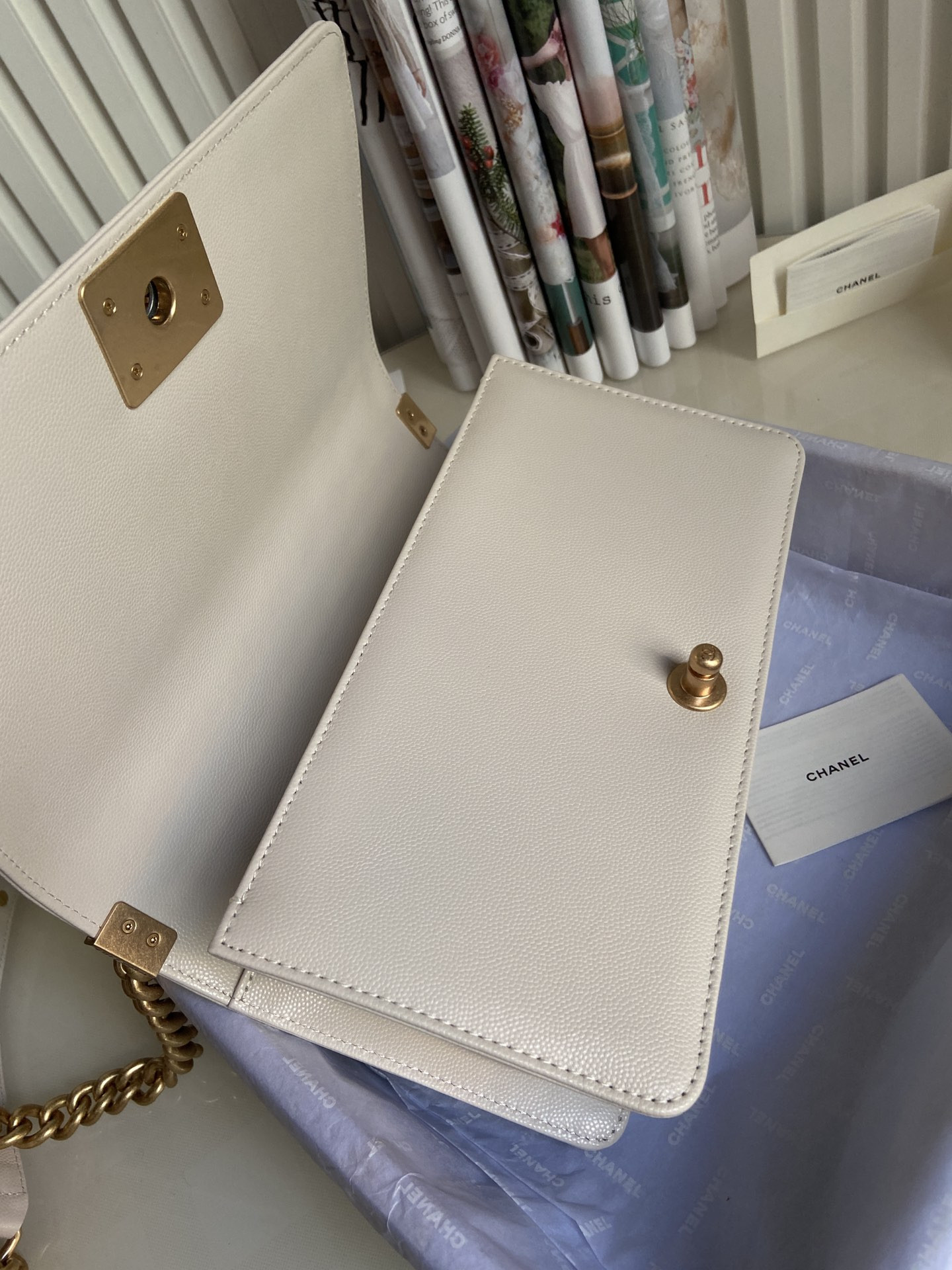 boy Ch*el handbag shiny grained calfskin & gold-tone metal beige 5.9 × 9.8 × 3.5 in