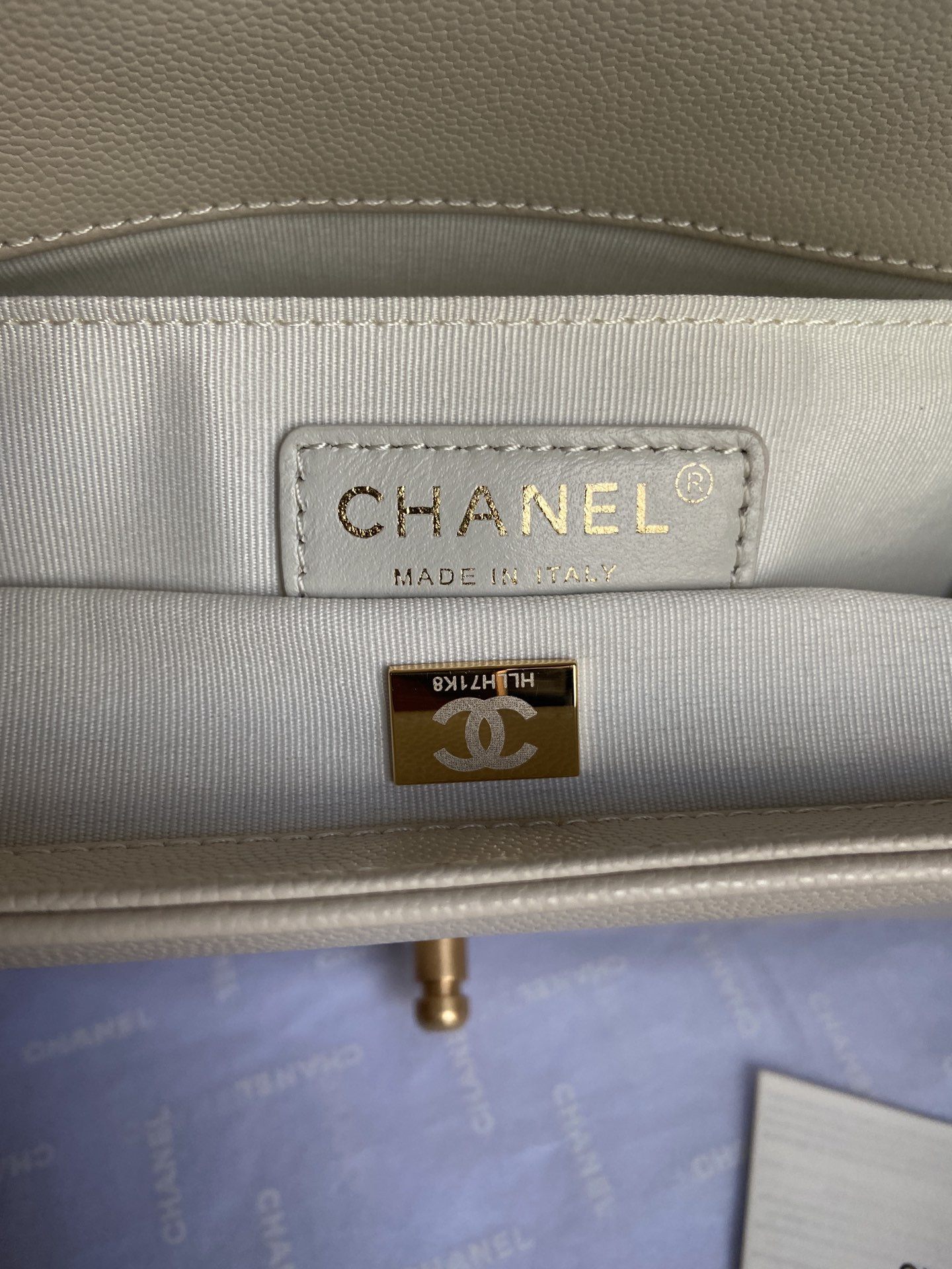 boy Ch*el handbag shiny grained calfskin & gold-tone metal beige 5.9 × 9.8 × 3.5 in