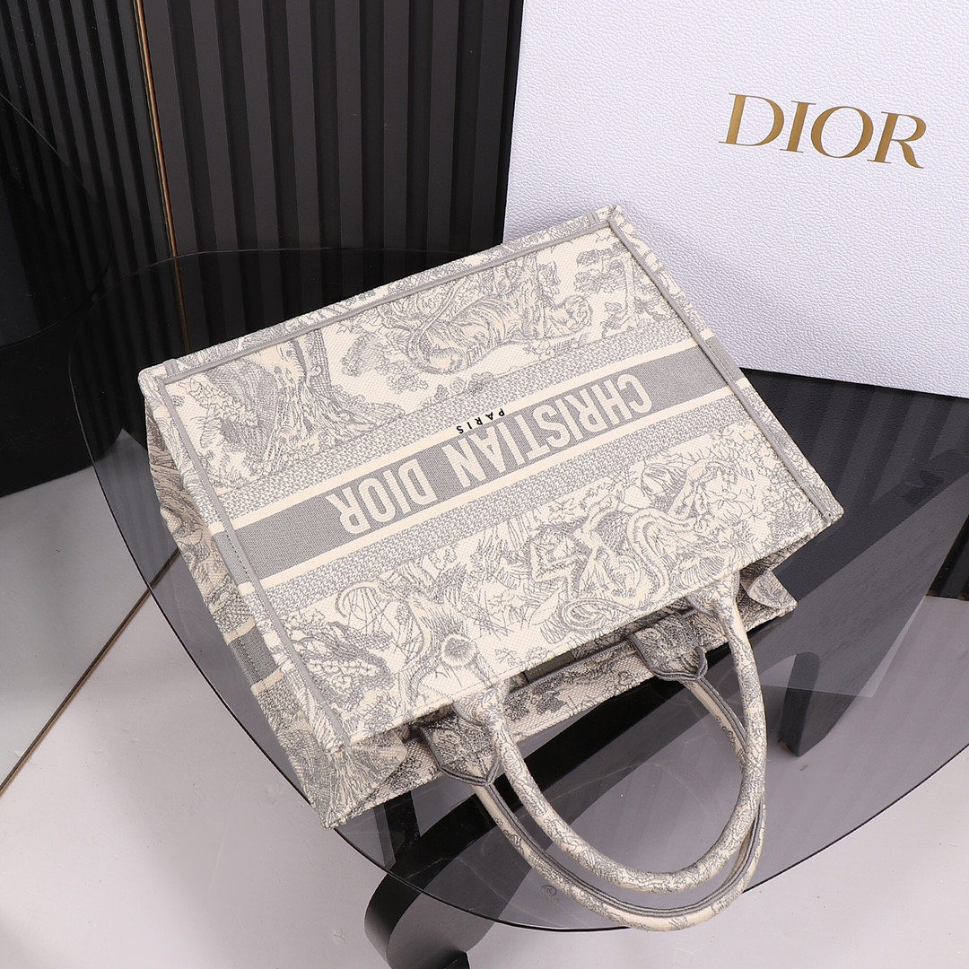 medium D*or book tote ecru and gray toile de jouy embroidery 14 x 11 x 6.5 inches