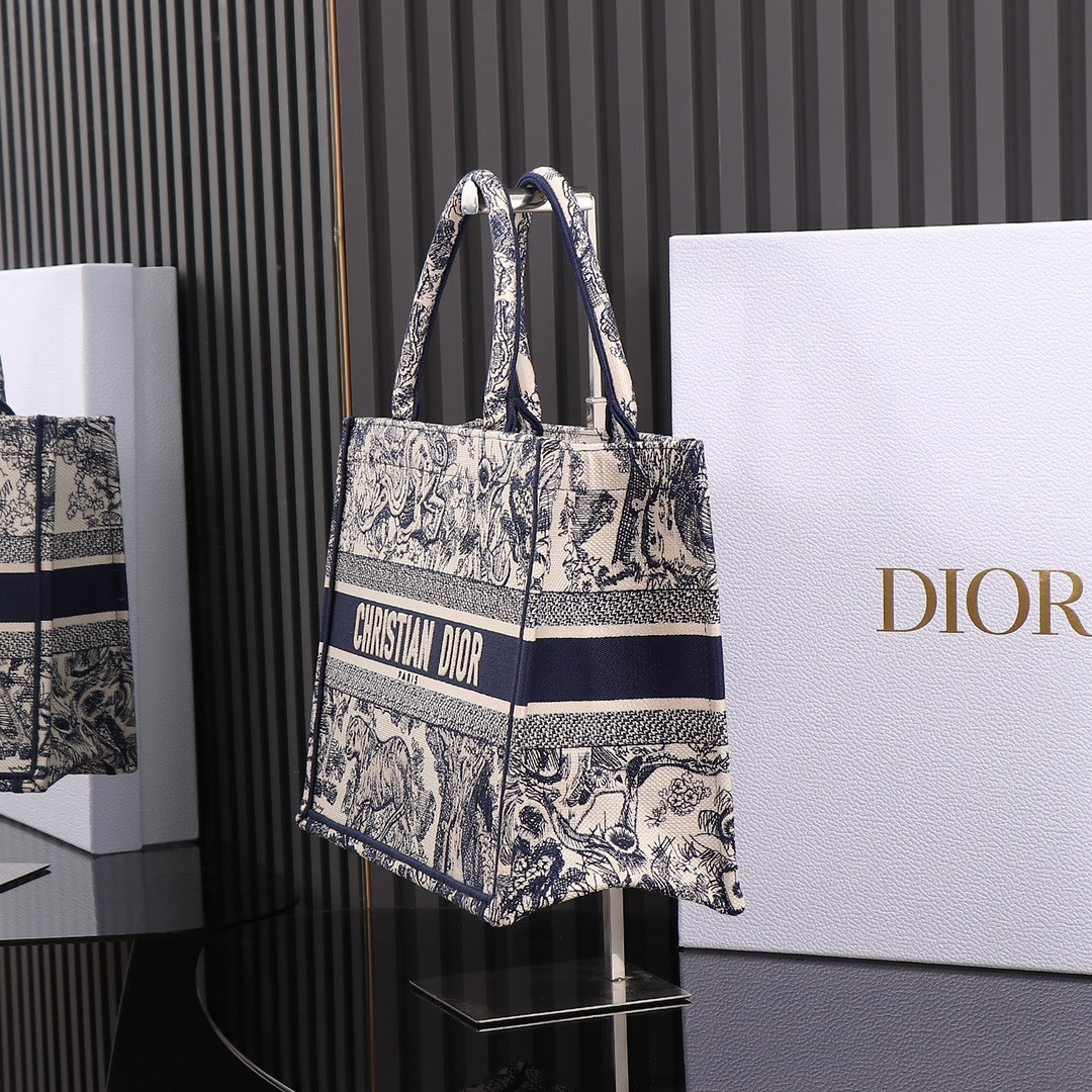medium D*or book tote ecru and blue toile de jouy embroidery 14 x 11 x 6.5 inches