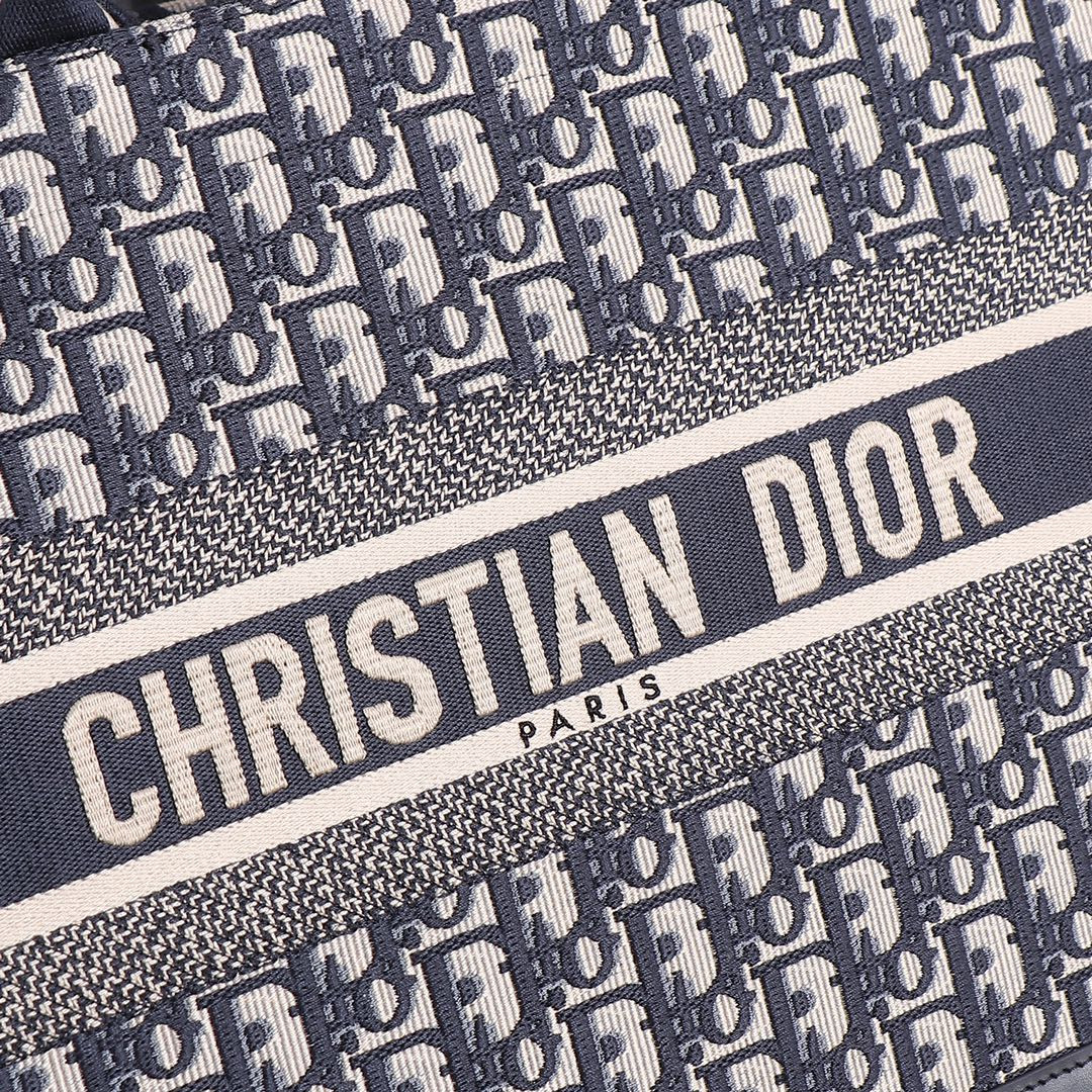 medium D*or book tote blue D*or oblique embroidery and calfskin 14.5 x 11 x 7 inches