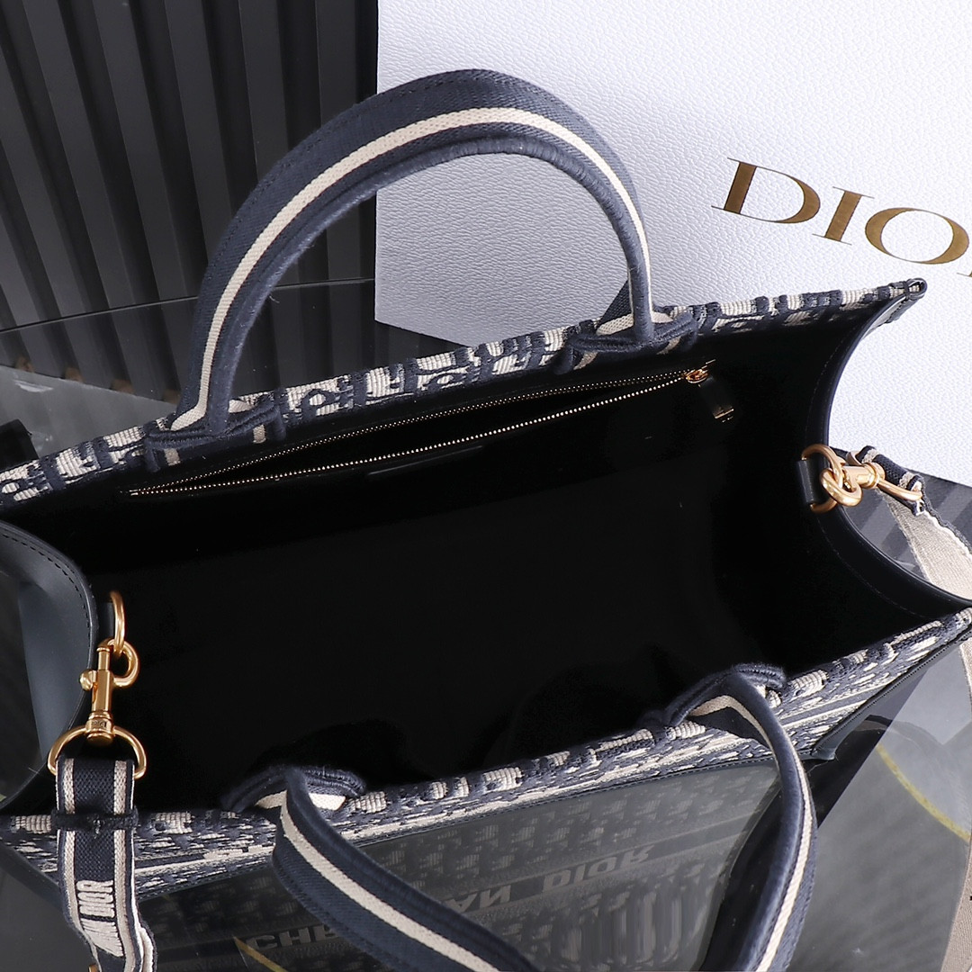 medium D*or book tote blue D*or oblique embroidery and calfskin 14.5 x 11 x 7 inches