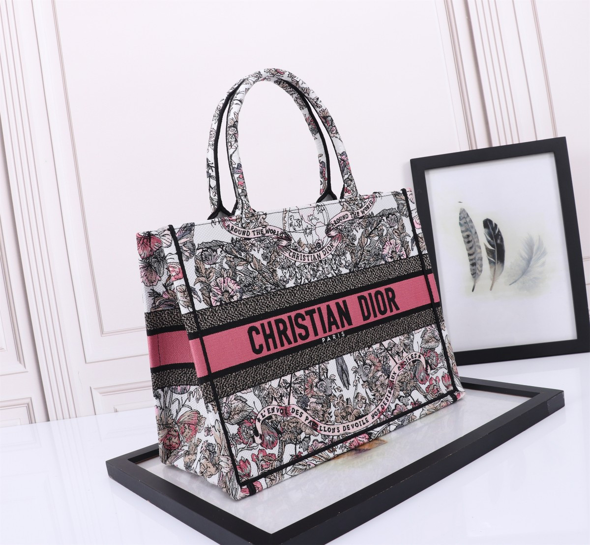 medium D*or book tote white and pastel pink butterfly around the world embroidery 14 x 11 x 6.5 inches