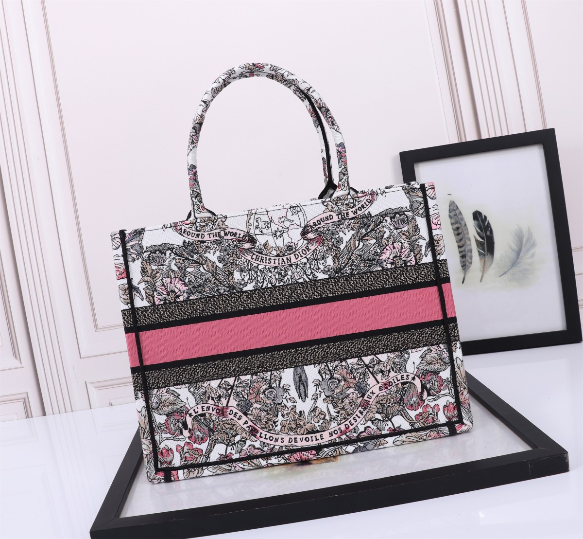 medium D*or book tote white and pastel pink butterfly around the world embroidery 14 x 11 x 6.5 inches
