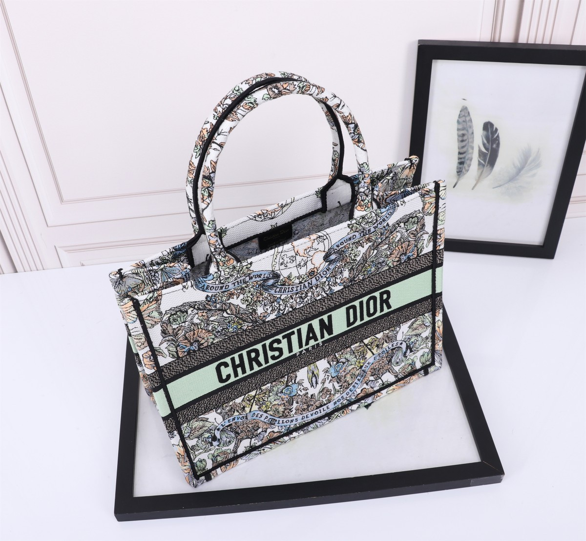 medium D*or book tote white multicolor toile de jouy mexico embroidery 14 x 11 x 6.5 inches