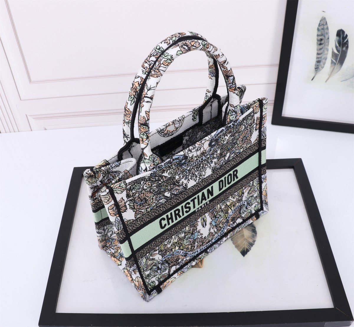 small D*or book tote white multicolor toile de jouy mexico embroidery 10.5 x 8.5 x 5.5 inches