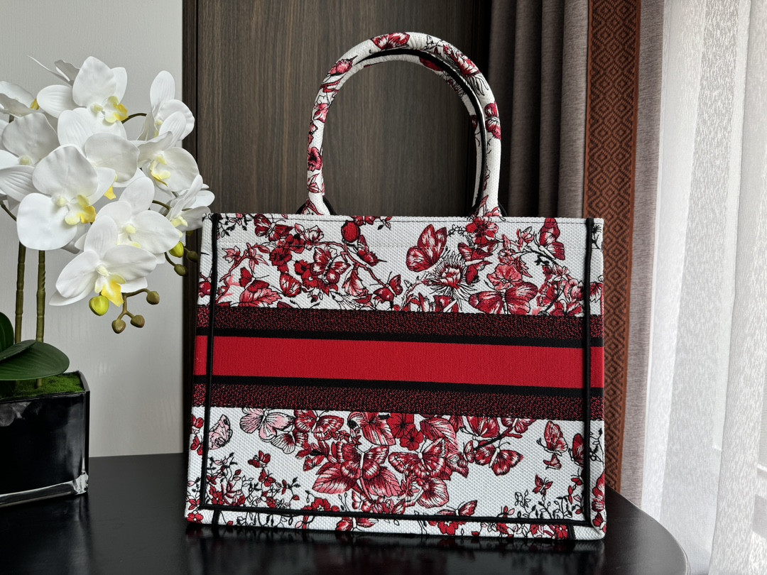 medium D*or book tote white and red le cœur des papillons embroidery 14 x 11 x 6.5 inches