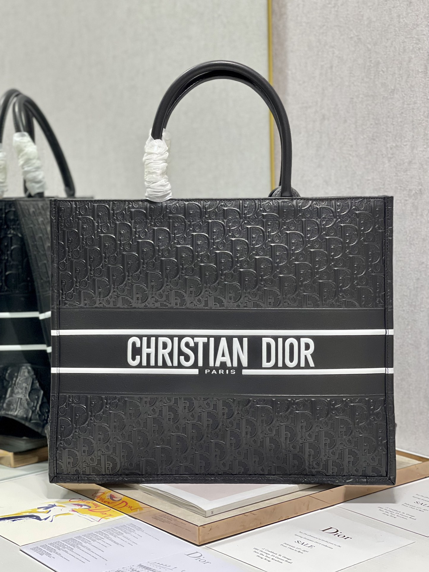 large D*or book tote black white D*or oblique embossed calfskin 16.5 x 14 x 7.5 inches