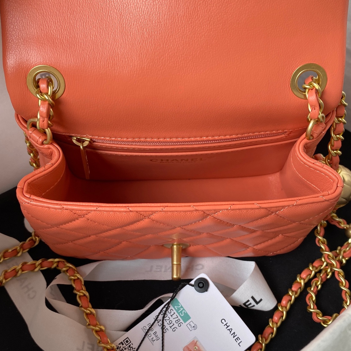 Ch*el mini flap bag shiny calfskin & gold-tone metal orange 5.3 × 6.6 × 3.1 in