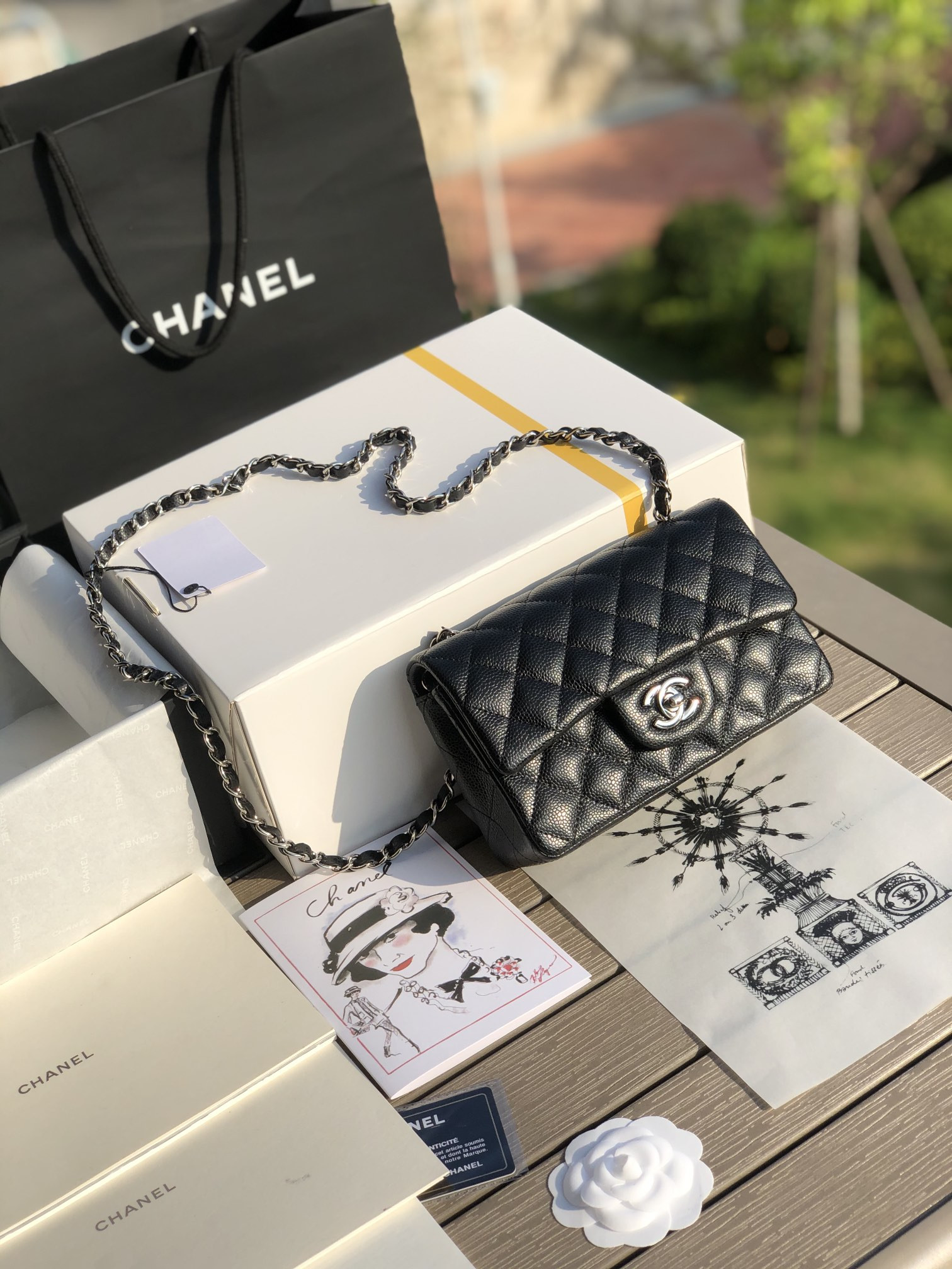 Ch*el mini flap bag black 4.7 × 7.8 × 2.3 in