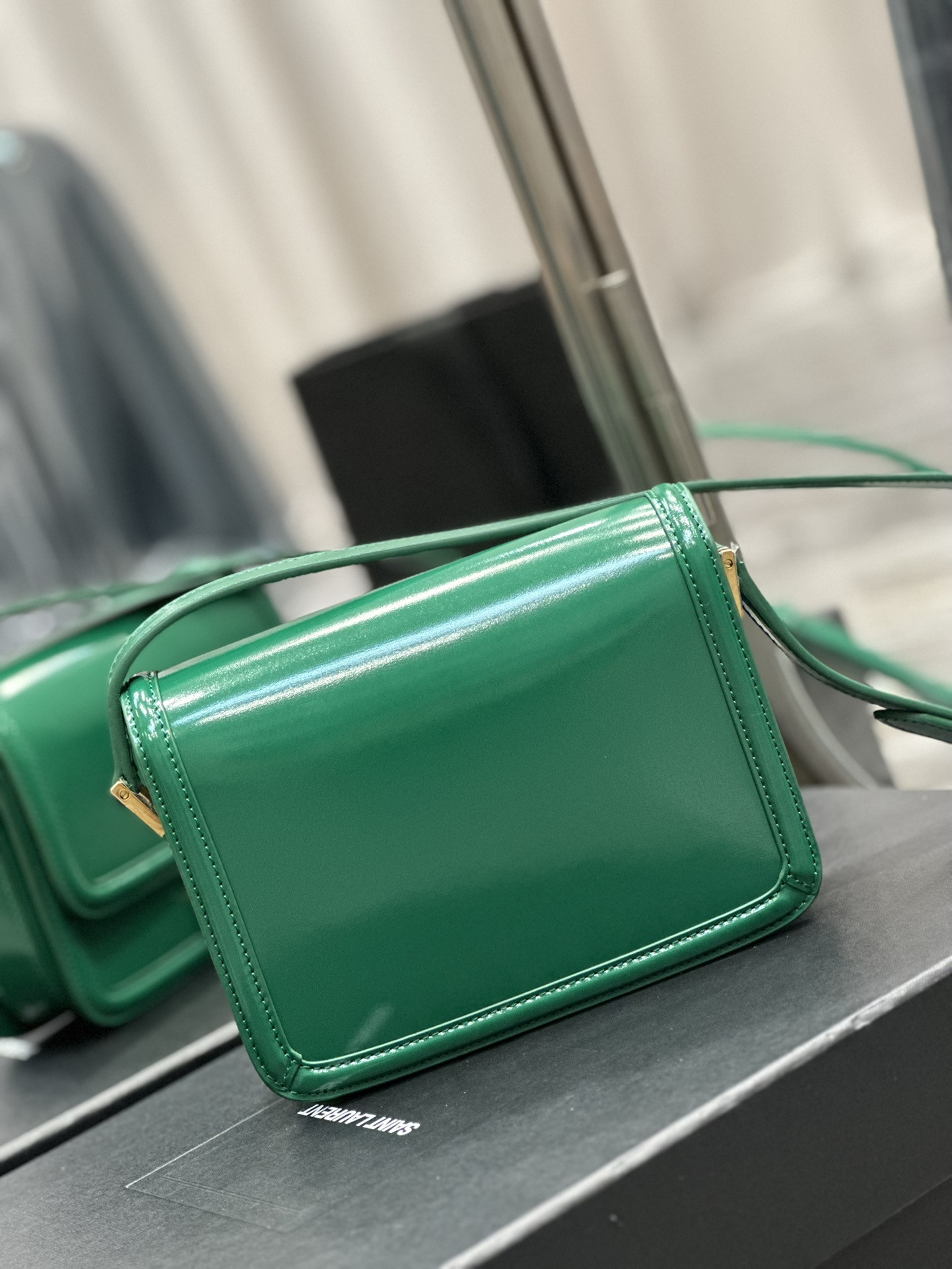 y*l solferino small satchel in box Sa**t Lau*nt green 7.4 x 5.1 x 1.9 inches