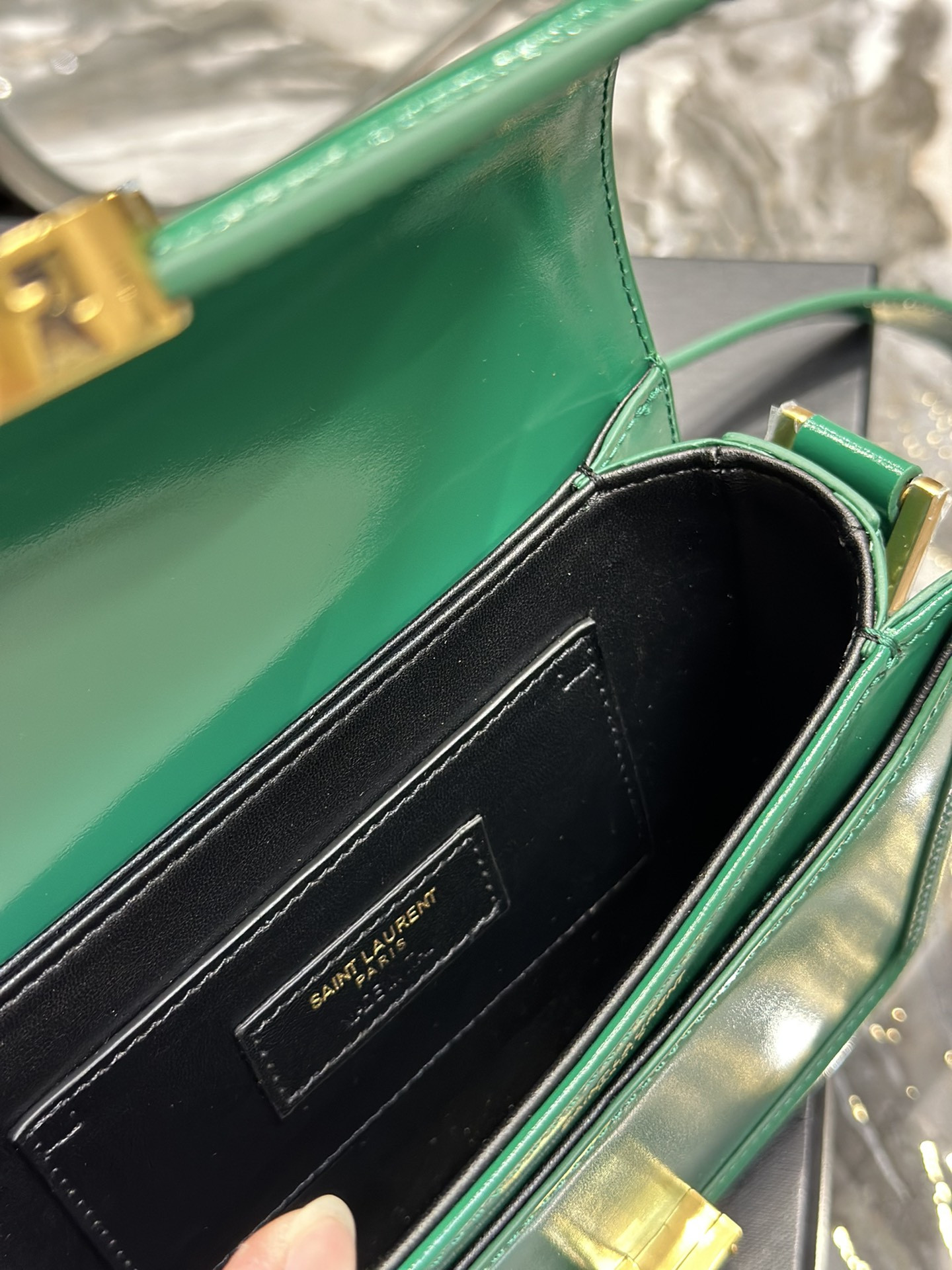 y*l solferino small satchel in box Sa**t Lau*nt green 7.4 x 5.1 x 1.9 inches