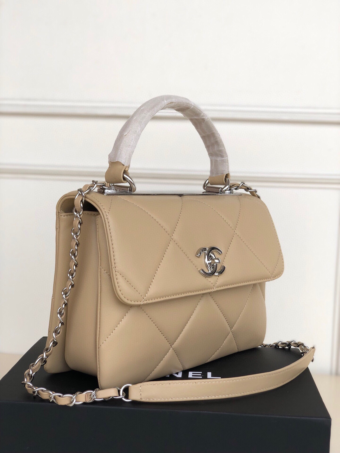 Ch*el flap bag with top handle 6.6 × 9.8 × 4.7 in