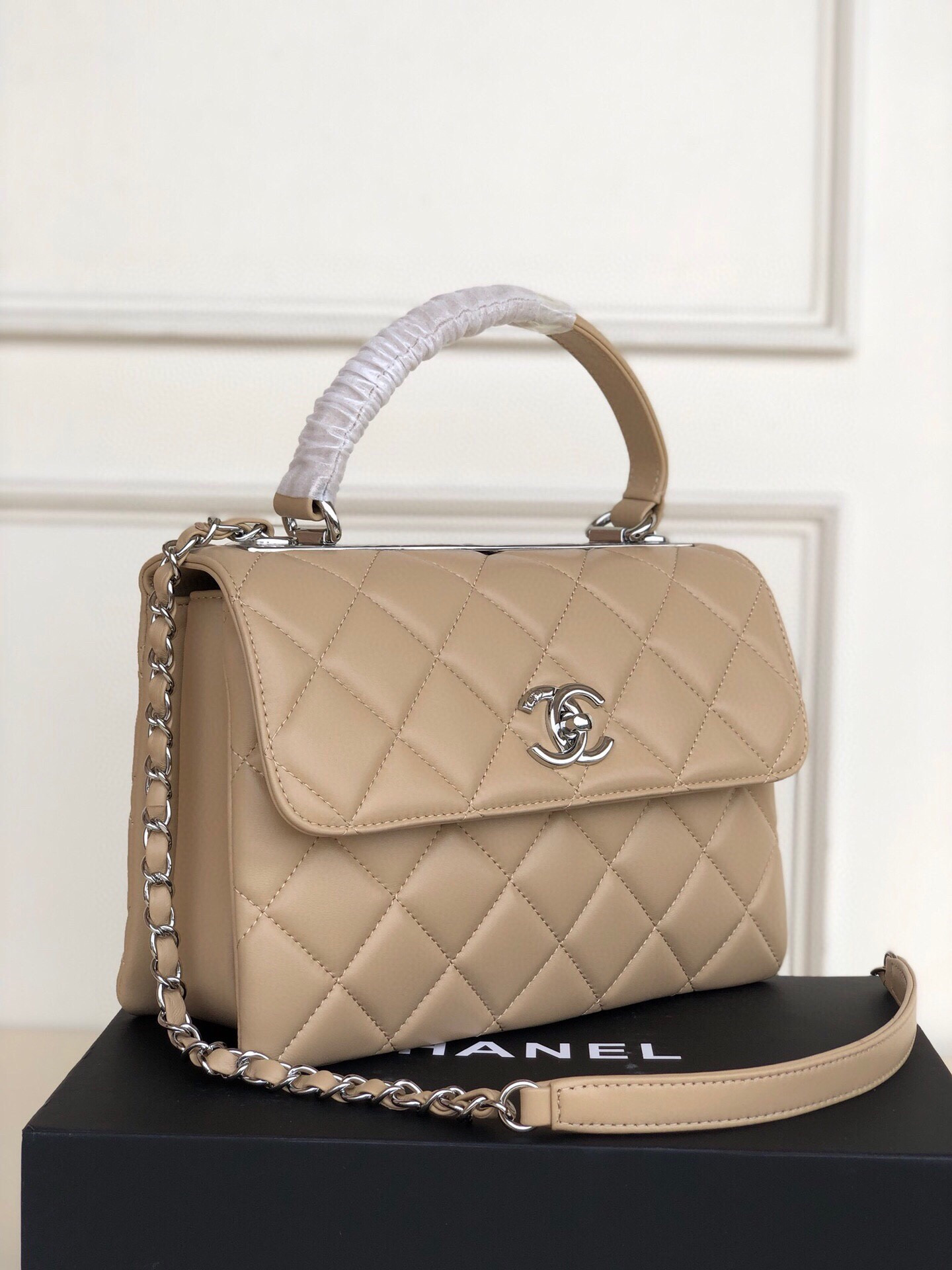 Ch*el flap bag with top handle 6.6 × 9.8 × 4.7 in