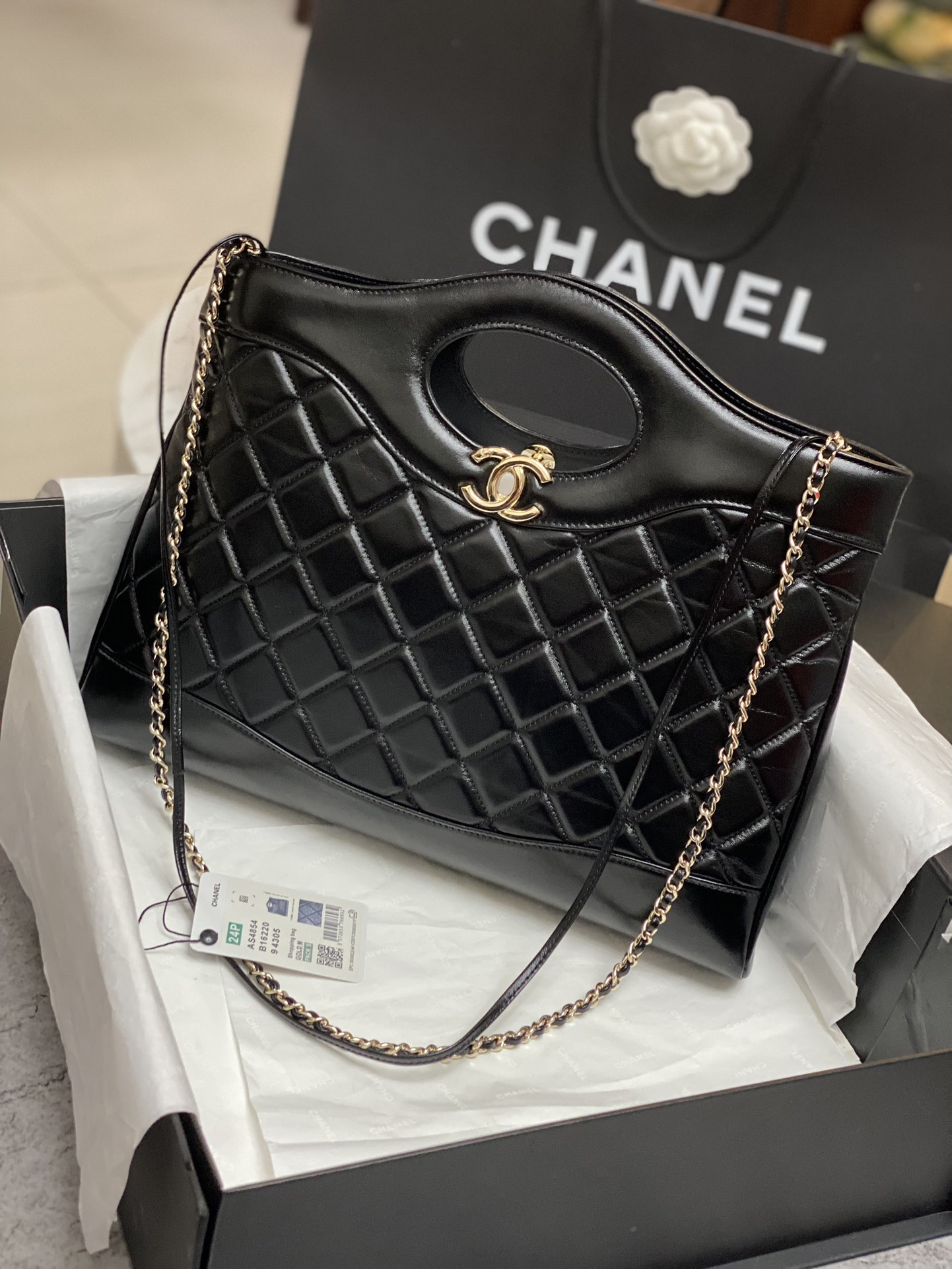 Ch*el  shopping bag shiny lambskin & gold-tone metal black 35x39x8cm