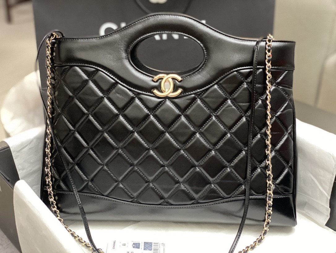 Ch*el  shopping bag shiny lambskin & gold-tone metal black 35x39x8cm