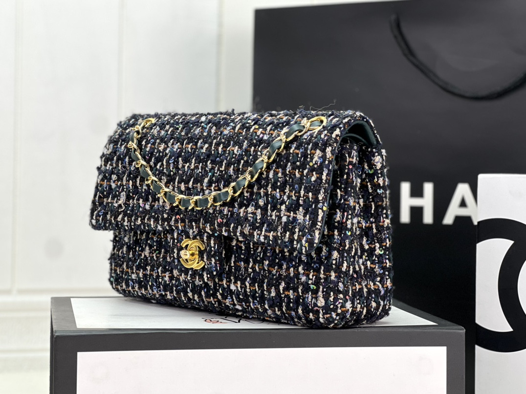 Ch*el classic 11.12 handbag tweed & gold-tone metal 6 × 9.9 × 2.5 in